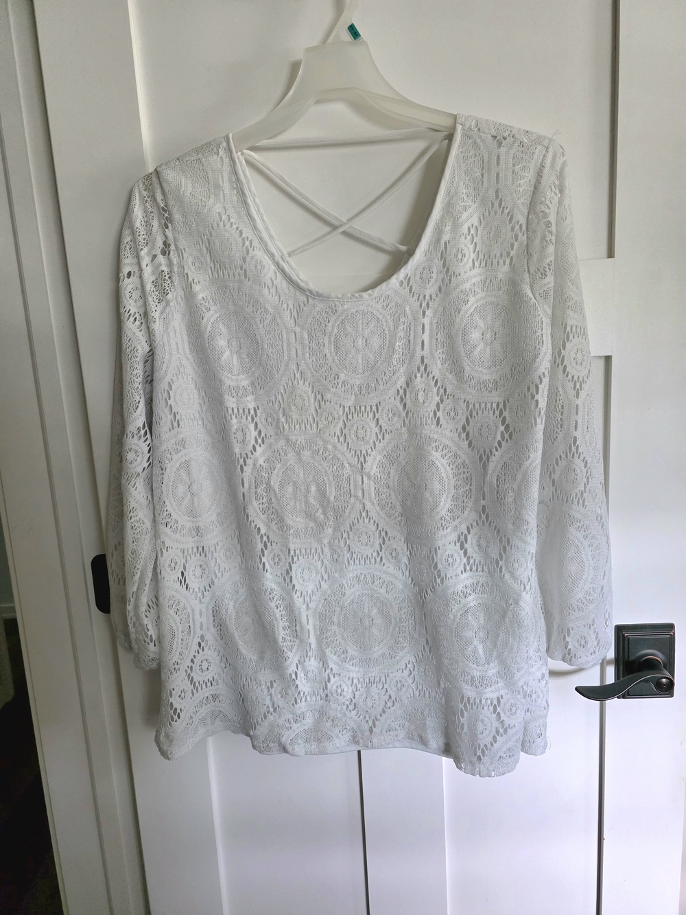 ING+ Women's Geometric Lace Blouse in White- 2X